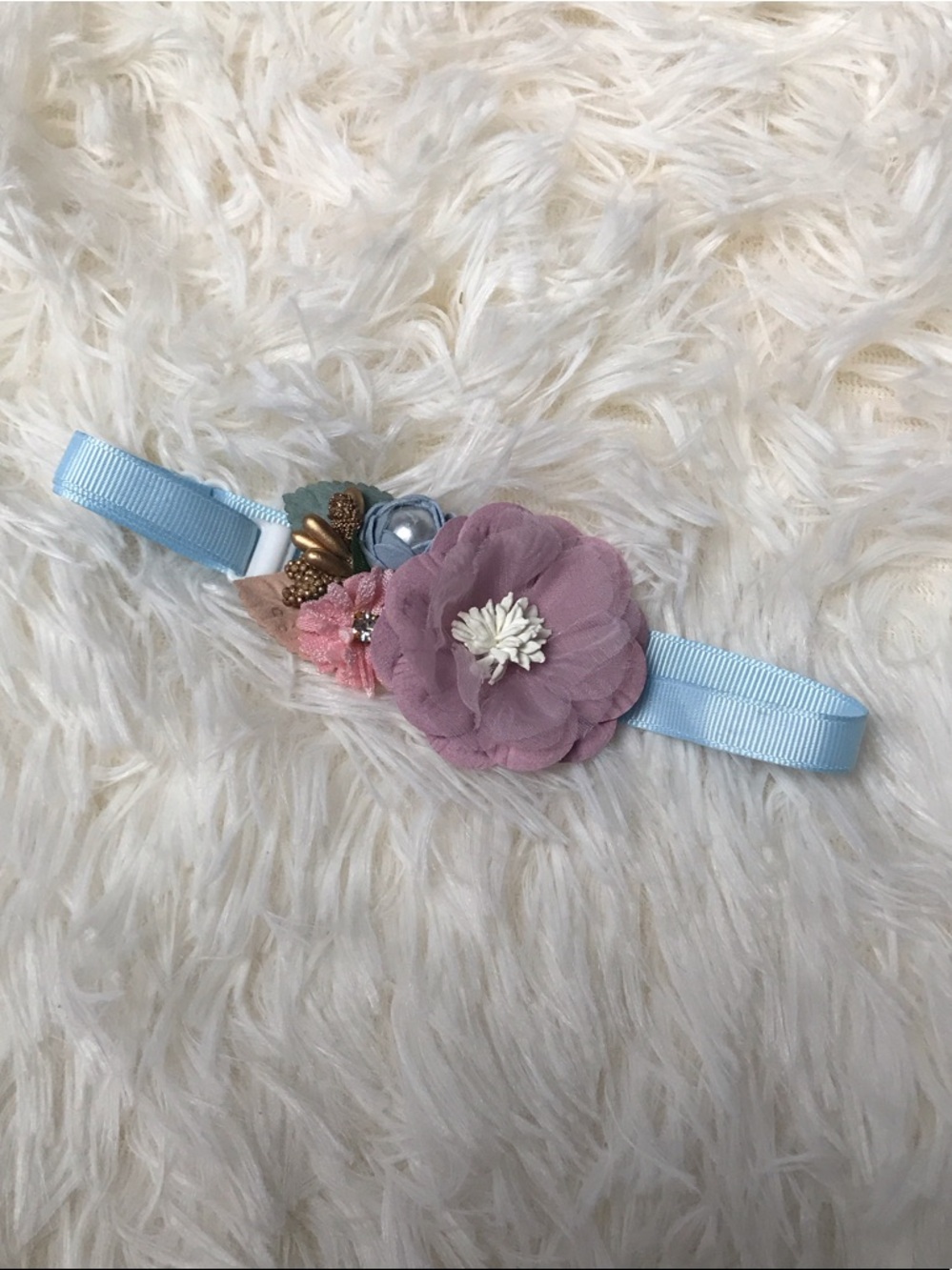Floral Pet Necklace with Dusty Lavender Flower and Light Blue Band
